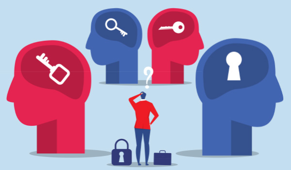 Person with a question mark above his head and a lock he needs a key to looks at his options, represented as abstract heads with different keys
