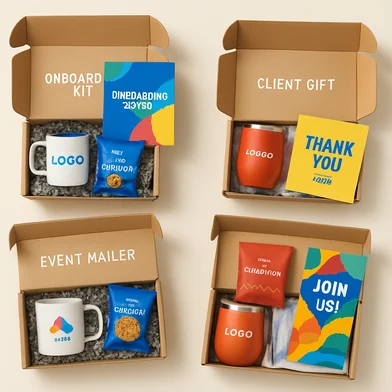 A flat lay of various branded mailing kits for different occasions onboarding client gifts event mailers each with unique items like a custom mug bran-1-1