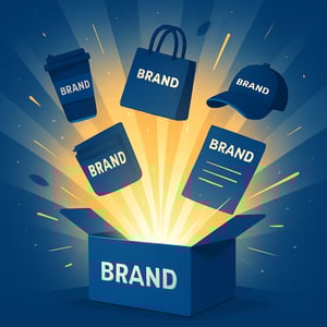 A bold aspirational image of a branded box opening with a burst of light and branded items emerging symbolizing excitement and opportunity Modern ener-1