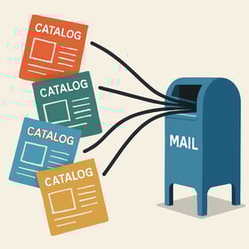 A clean modern illustration of multiple catalogs merging into one streamlined mail flow into a blue corner mailbox-1
