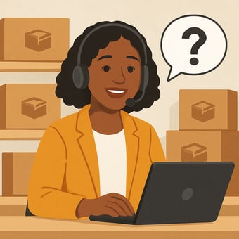 A friendly customer service representative diverse approachable at a desk with branded boxes in the background ready to answer questions Speech bubble