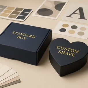 A sidebyside view of two mailing boxes one standard size and one customshaped Both show premium finishes like softtouch lamination and foil stamping T