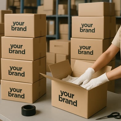 A warehouse or fulfillment center scene with neatly stacked branded boxes ready for shipping Some boxes are being packed with care by gloved hands Emp-1