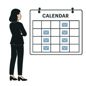 Female business person viewing a Calendar graphic with highlighted mail pool days twice per week representing predictable schedules for catalogers and-1