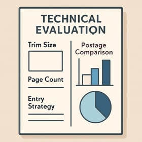 Image conceptA technical review or mail spec evaluation worksheetPromptFlat illustration of a technical evaluation document with specs like trim size
