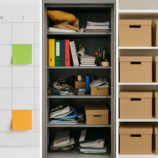Imagery Calendar with sticky notes a messy supply closet and a tidy shelf with neatly stacked boxes