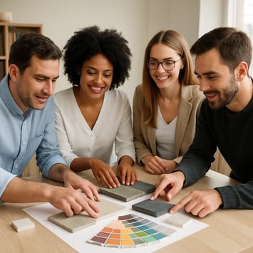 Imagery Handshake or a team huddled around a table with samples