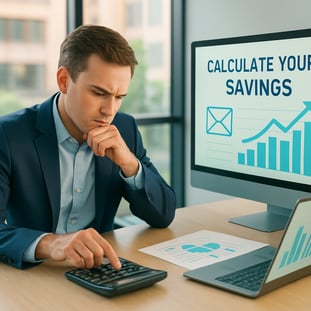 In a sleek modern office setting a focused business professional sits at a polished desk surrounded by digital screens displaying vibrant graphs and m-1