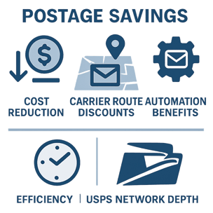 Infographicstyle illustration showing postage savings carrierroute discounts and automation benefits icons for cost reduction efficiency USPS network-1