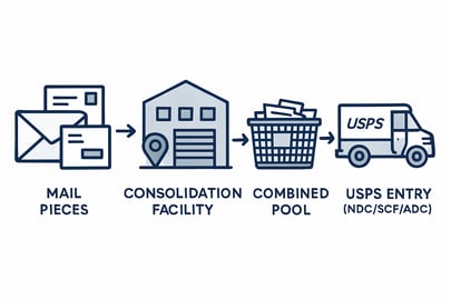 Process flow diagram showing steps mail pieces  consolidation facility  combined pool  USPS entry NDCSCFADC Modern flat vector clean lines business pr-3