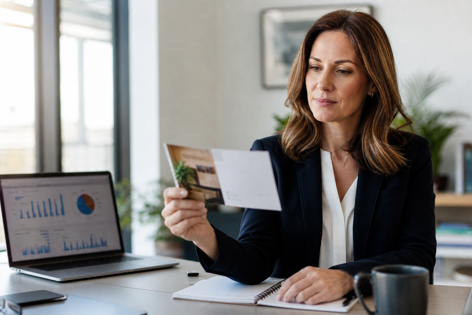 Professional marketing director woman at modern desk looking thoughtfully at a high-quality direct mail postcard 