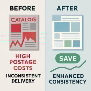Visualize a compelling beforeandafter infographic that illustrates the transformative impact of savings for a midsize cataloger and nonprofit publicat
