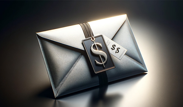 Envelope with a price tag on it to represent the question and answer in this post