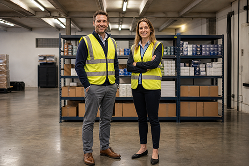 Business Casual Staff Welcoming Visitors In Warehouse - low