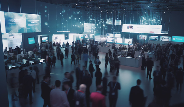 Bustling indoor event with people moving around in different crowds