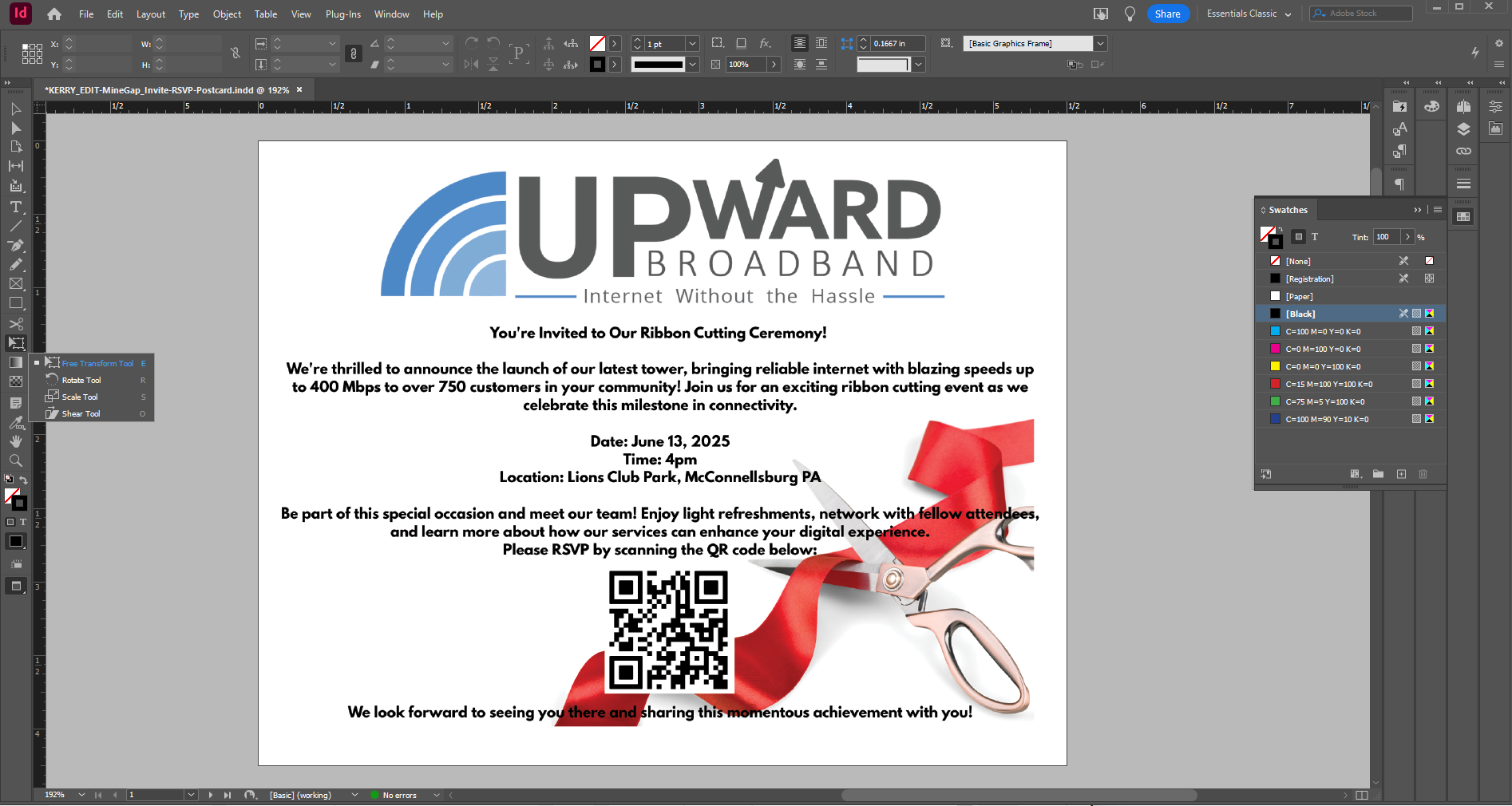 Branded design in progress with text, background images and a QR code