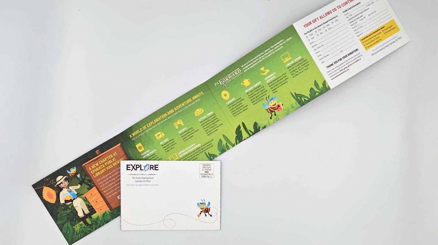 Colorful, folding self-mailer with bright green and yellow primary hues