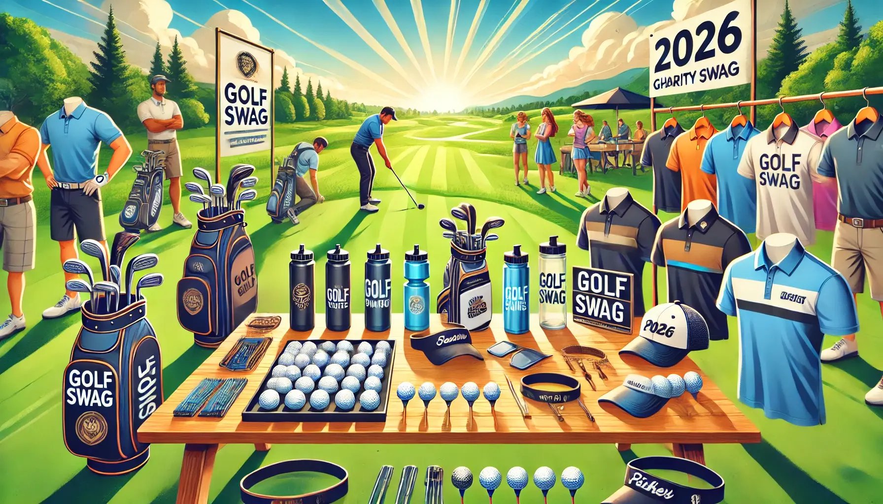 A bright, professional charity golf tournament scene with branded swag bags, sponsor signage, custom golf towels and hats displayed at registration, clean corporate style, natural lighting, realistic photography, modern event branding aesthetic.