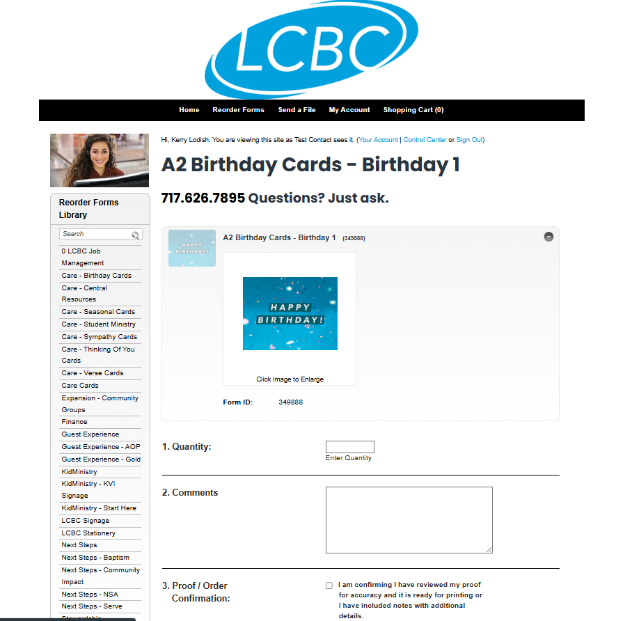 Happy birthday order form on private website