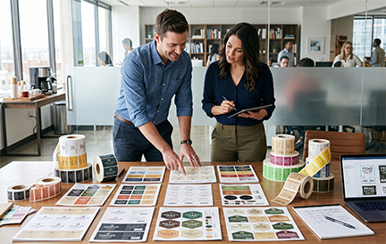 Man-woman-labels-reviewing