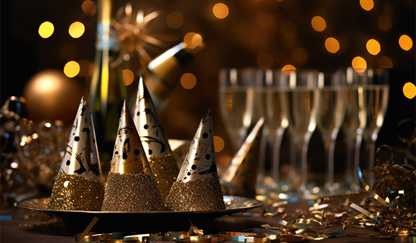 Party hats and glasses of champagne