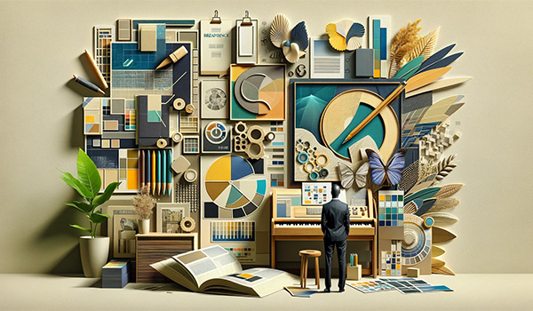 Businessman standing before many different elements of the print brokerage industry, preparing to coordinate them