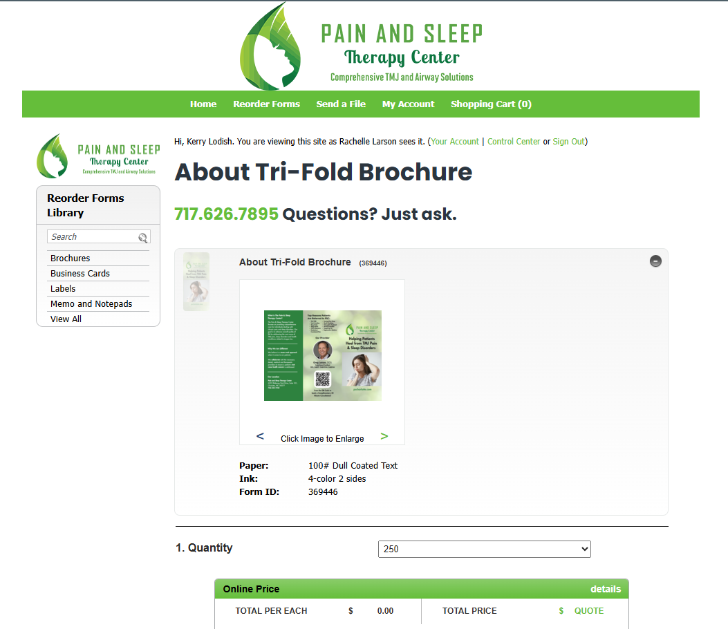 Branded green and white webpage showing details on tri-fold brochures