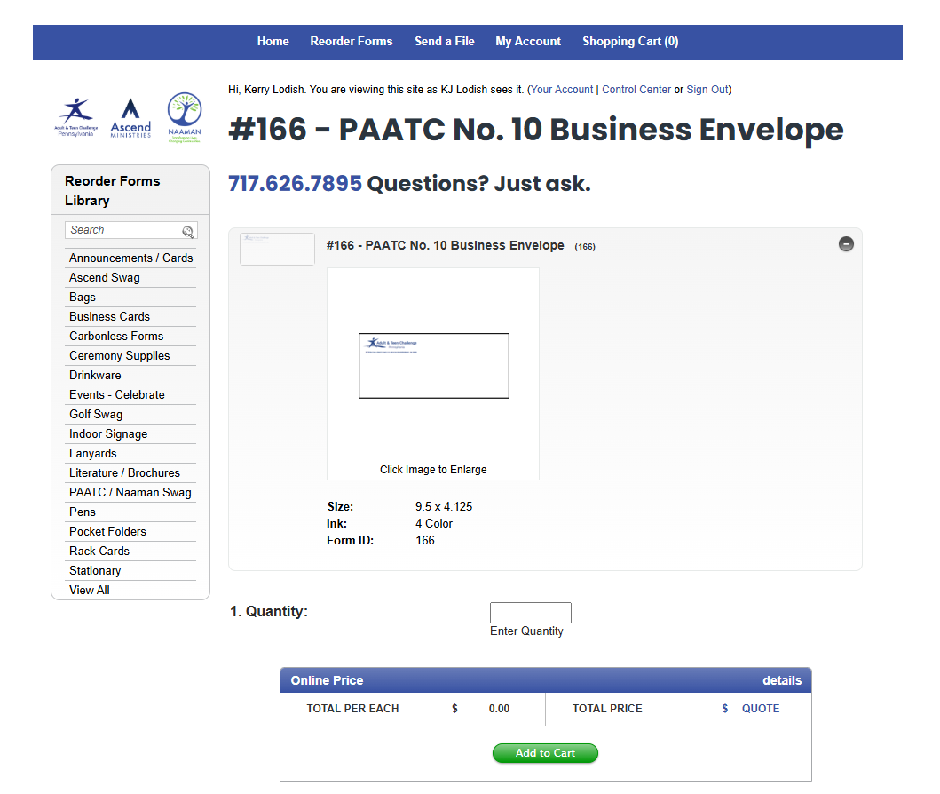 Envelope order form on branded webpage