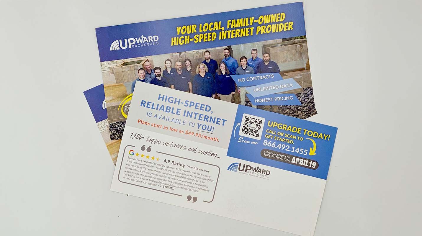 Large full-color postcard with offer, reviews, information and QR code