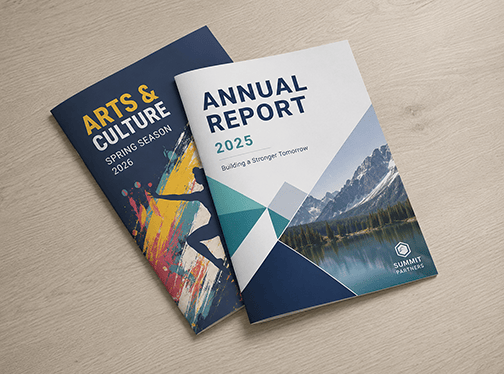 colorful art program and annual report saddle stitched booklets