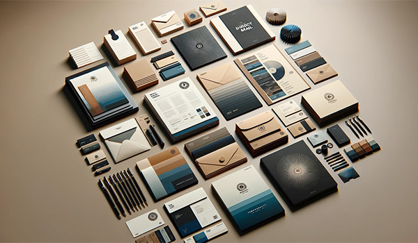 Variety of direct mail options laid out on a table, including envelopes, postcards, promotional pens and business cards